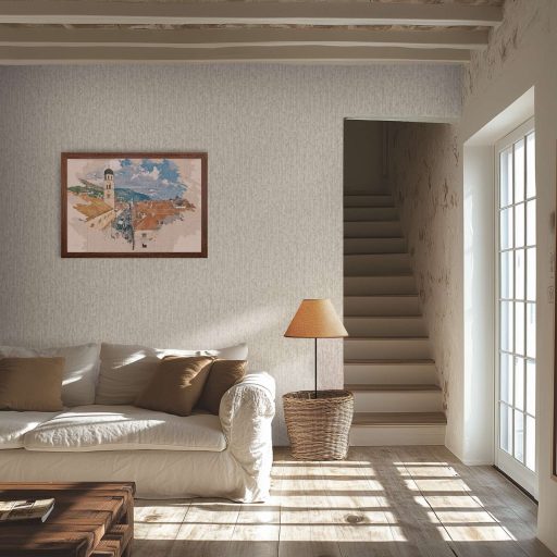 Függőleges vonalak törésével kialakított texturált absztrakt minta szürke szürkésbézs és bézsarany tónus fémes hatás tapéta