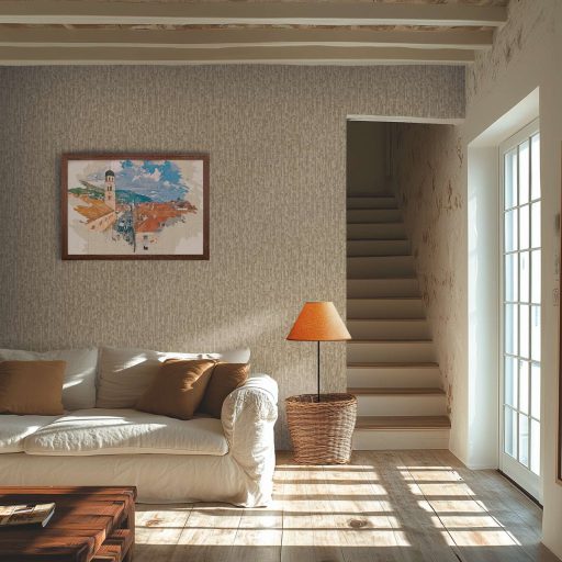 Függőleges vonalak törésével kialakított texturált absztrakt minta lágy bézs és krémszín tónus fémes hatás tapéta