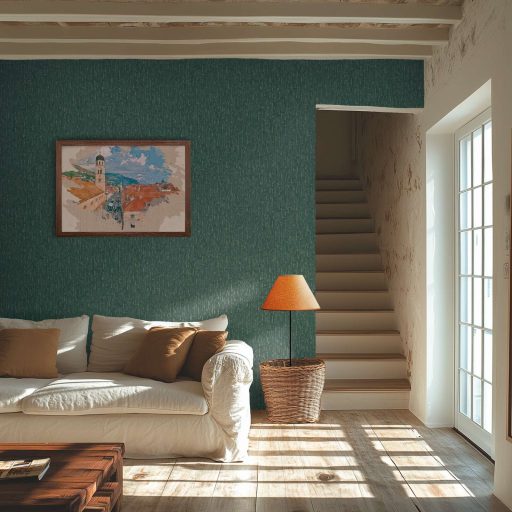 Függőleges vonalak törésével kialakított texturált absztrakt minta mélyzöld és ezüst tónus fémes hatás tapéta