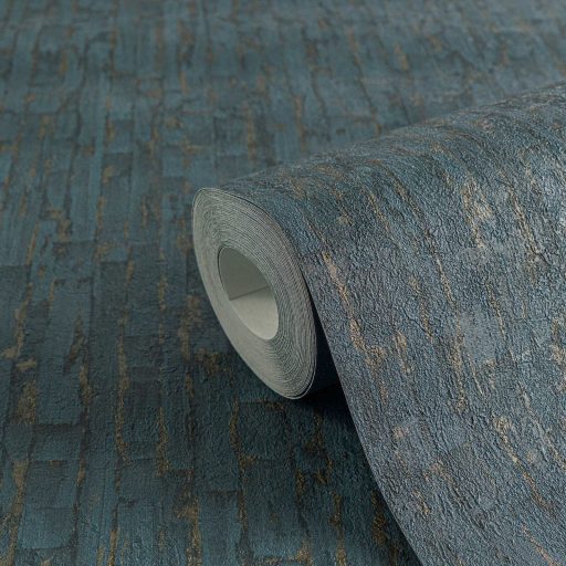 Függőleges vonalak törésével kialakított texturált absztrakt minta türkizzöld kék és arany tónus fémes hatás tapéta