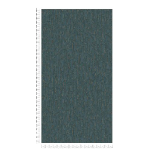 Függőleges vonalak törésével kialakított texturált absztrakt minta türkizzöld kék és arany tónus fémes hatás tapéta