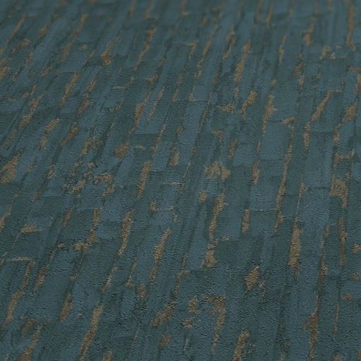 Függőleges vonalak törésével kialakított texturált absztrakt minta türkizzöld kék és arany tónus fémes hatás tapéta