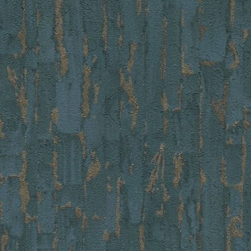 Függőleges vonalak törésével kialakított texturált absztrakt minta türkizzöld kék és arany tónus fémes hatás tapéta