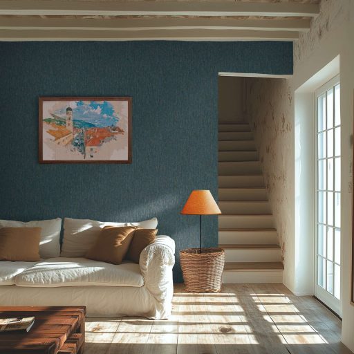 Függőleges vonalak törésével kialakított texturált absztrakt minta türkizzöld kék és arany tónus fémes hatás tapéta