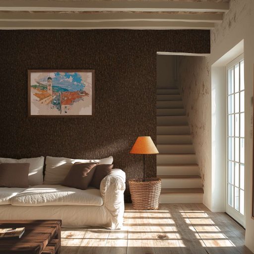 Függőleges vonalak törésével kialakított texturált absztrakt minta mély csokoládébarna és sötétszürke tónus fémes hatás tapéta