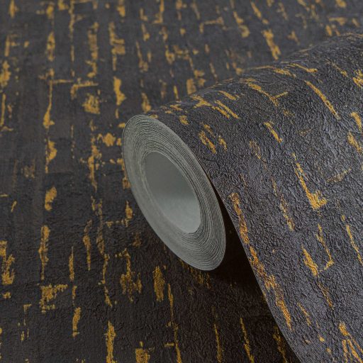 Függőleges vonalak törésével kialakított texturált absztrakt minta fekete és arany tónus fémes hatás tapéta