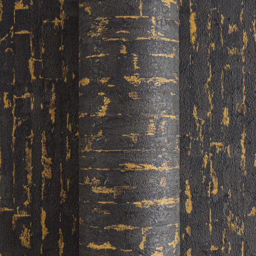 Függőleges vonalak törésével kialakított texturált absztrakt minta fekete és arany tónus fémes hatás tapéta