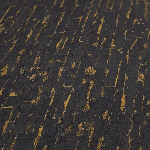 Függőleges vonalak törésével kialakított texturált absztrakt minta fekete és arany tónus fémes hatás tapéta