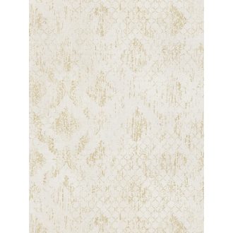   Koptatott vintage hatású klasszikus barokk minta modern átiratban krémfehér és halvány arany tónus fémes hatás tapéta