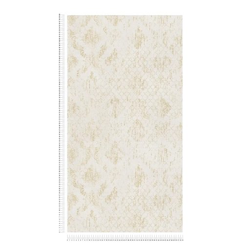 Koptatott vintage hatású klasszikus barokk minta modern átiratban krémfehér és halvány arany tónus fémes hatás tapéta