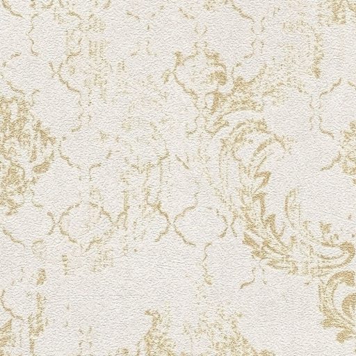 Koptatott vintage hatású klasszikus barokk minta modern átiratban krémfehér és halvány arany tónus fémes hatás tapéta