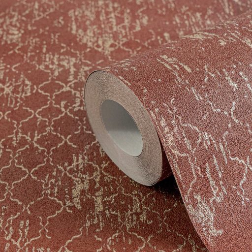 Koptatott vintage hatású klasszikus barokk minta modern átiratban bronzvörös és antik arany tónus fémes hatás tapéta