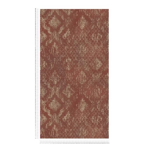 Koptatott vintage hatású klasszikus barokk minta modern átiratban bronzvörös és antik arany tónus fémes hatás tapéta