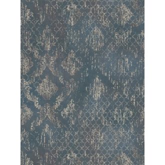   Koptatott vintage hatású klasszikus barokk minta modern átiratban kék/szürkéskék fehér és ezüst tónus fémes hatás tapéta