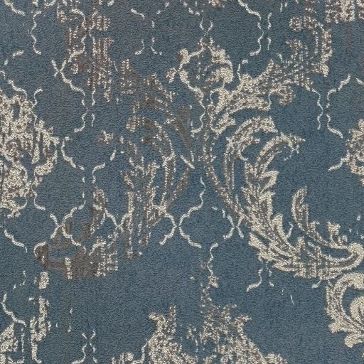 Koptatott vintage hatású klasszikus barokk minta modern átiratban kék/szürkéskék fehér és ezüst tónus fémes hatás tapéta