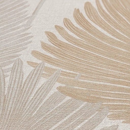 Természetes elegancia - légies stilizált pálmalevél motívum krémfehér lágy bézs és bézsarany tónus finom fény tapéta