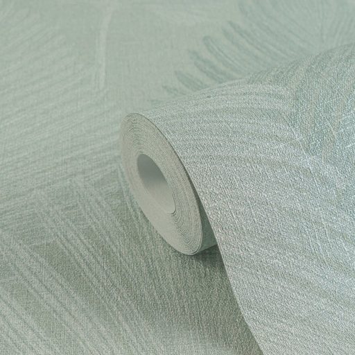 Természetes elegancia - légies stilizált pálmalevél motívum lágy zöld és ezüstös-fehér tónus finom fény tapéta