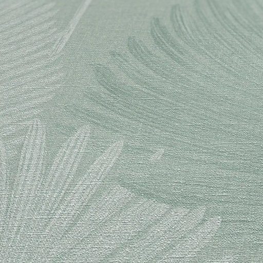 Természetes elegancia - légies stilizált pálmalevél motívum lágy zöld és ezüstös-fehér tónus finom fény tapéta