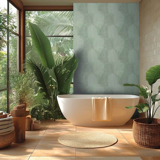 Természetes elegancia - légies stilizált pálmalevél motívum lágy zöld és ezüstös-fehér tónus finom fény tapéta