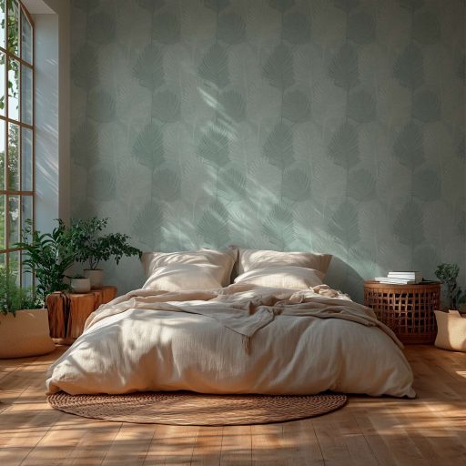 Természetes elegancia - légies stilizált pálmalevél motívum lágy zöld és ezüstös-fehér tónus finom fény tapéta