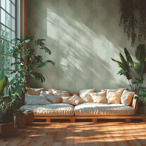 Természetes elegancia - légies stilizált pálmalevél motívum lágy zöld és ezüstös-fehér tónus finom fény tapéta