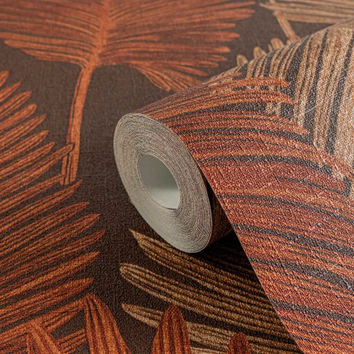 Természetes elegancia - légies stilizált pálmalevél motívum sötétbarna rozsdavörös homokszín és arany tónus finom fény tapéta