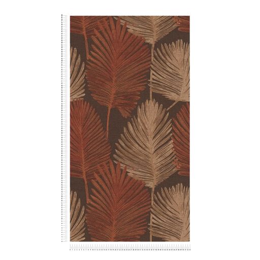 Természetes elegancia - légies stilizált pálmalevél motívum sötétbarna rozsdavörös homokszín és arany tónus finom fény tapéta