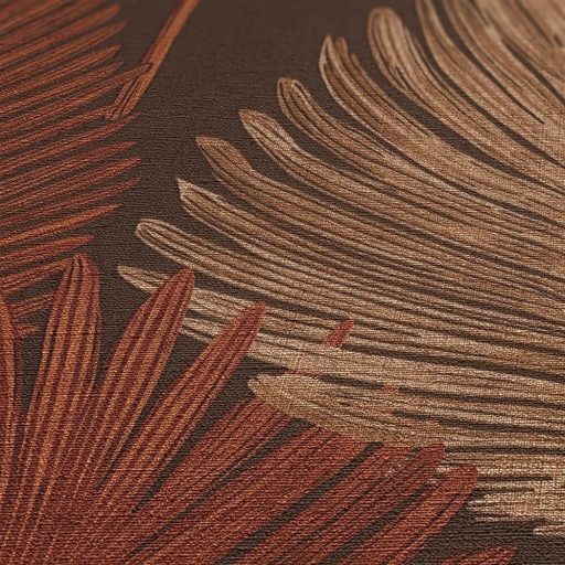 Természetes elegancia - légies stilizált pálmalevél motívum sötétbarna rozsdavörös homokszín és arany tónus finom fény tapéta