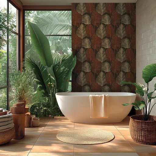 Természetes elegancia - légies stilizált pálmalevél motívum sötétbarna rozsdavörös homokszín és arany tónus finom fény tapéta