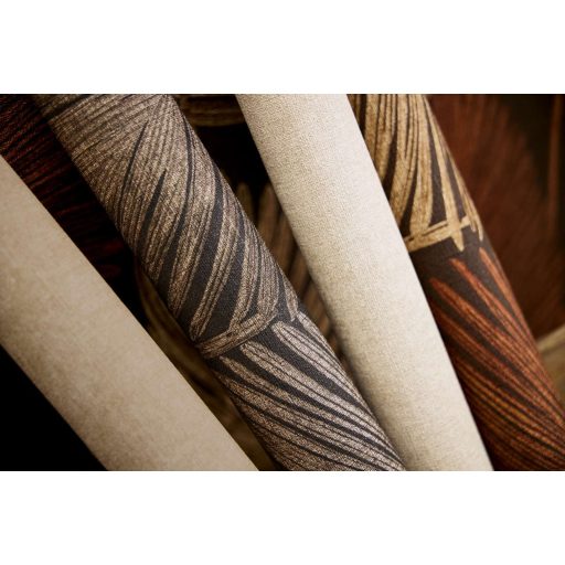 Természetes elegancia - légies stilizált pálmalevél motívum sötétbarna/antracit homokszín és arany tónus finom fény tapéta