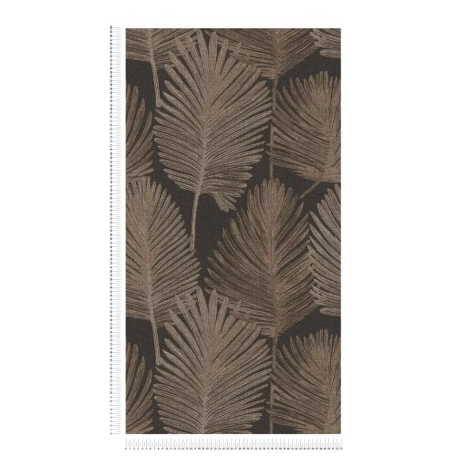 Természetes elegancia - légies stilizált pálmalevél motívum sötétbarna/antracit homokszín és arany tónus finom fény tapéta