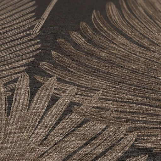 Természetes elegancia - légies stilizált pálmalevél motívum sötétbarna/antracit homokszín és arany tónus finom fény tapéta