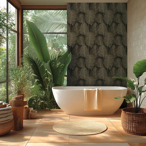 Természetes elegancia - légies stilizált pálmalevél motívum sötétbarna/antracit homokszín és arany tónus finom fény tapéta