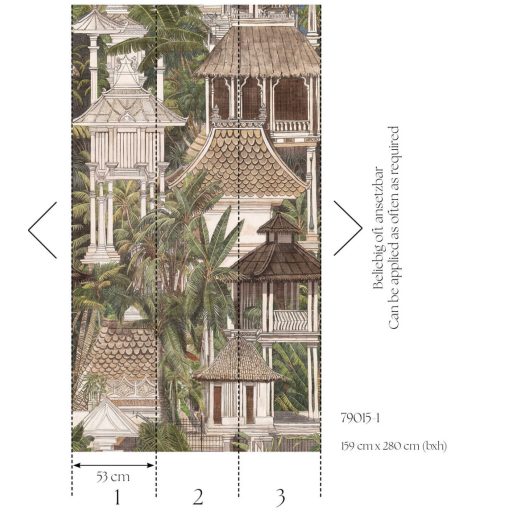 Távol-keleti városrészlet a trópusi növényzet ölelésében krém barna zöd és szürkésbarna tónus falpanel