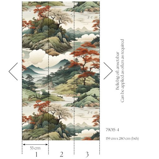 Keleti nyitás! Káprázatos hegyvidéki japán táj pagodával bézs barna zöld vörös és fehér tónus falpanel