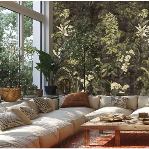 Szépséges trópusi vegetáció spontán nyíló virágokkal zöld krém és sötétszürke/fekete tónus falpanel