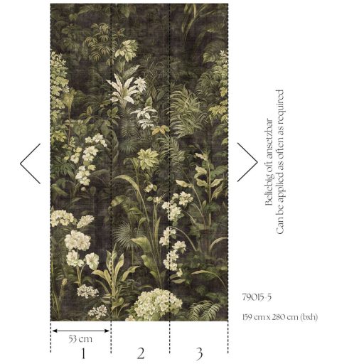 Szépséges trópusi vegetáció spontán nyíló virágokkal zöld krém és sötétszürke/fekete tónus falpanel