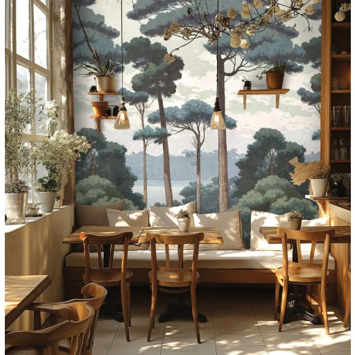 Hangulatos mediterrán erdei panoráma pasztell türkiz kékeszöld krém és zöld tónus falpanel