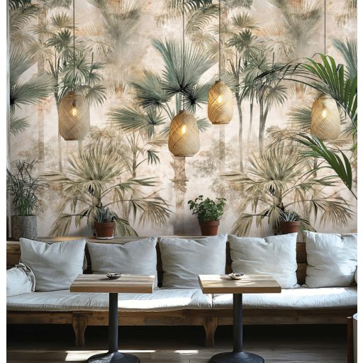 Trópusi panoráma pálmaligettel és sudár törzsű pálmafákkal krém bézs zöld és barna tónus falpanel