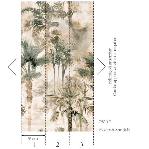 Trópusi panoráma pálmaligettel és sudár törzsű pálmafákkal krém bézs zöld és barna tónus falpanel