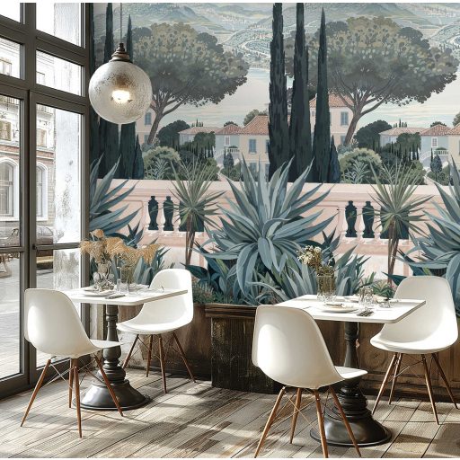 Jellegzetes mediterrán táj ciprus és píneafenyőkkel kies panoráma törtfehér krém kék zöld barna és zöldeskék tónus falpanel