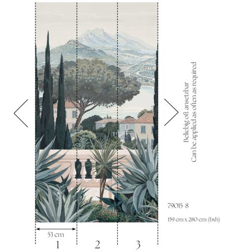 Jellegzetes mediterrán táj ciprus és píneafenyőkkel kies panoráma törtfehér krém kék zöld barna és zöldeskék tónus falpanel