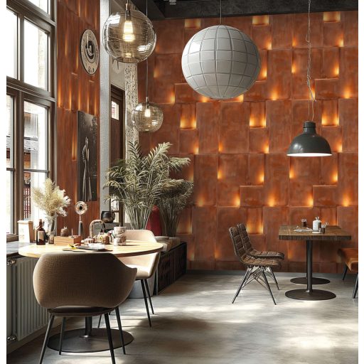 Intuitív loft stílusú geometriai kompozíció meleg fényhatásokkal bronz oxidálódott réz/rozsdavörös és aranysárga tónus falpanel