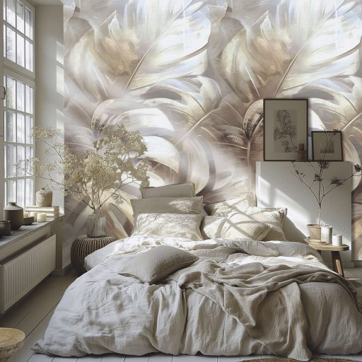 Nagyméretű stilizált monstera levelek kompozíciója krémfehér halvány bézs barna tónus és arany csillogás falpanel