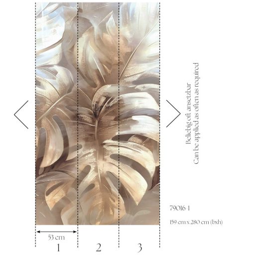 Nagyméretű stilizált monstera levelek kompozíciója krémfehér halvány bézs barna tónus és arany csillogás falpanel