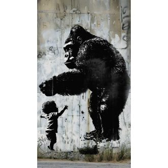   Óriás gorilla új élőhelyén beton háttéren szürke barna szürkéskék fekete és fehér tónus falpanel