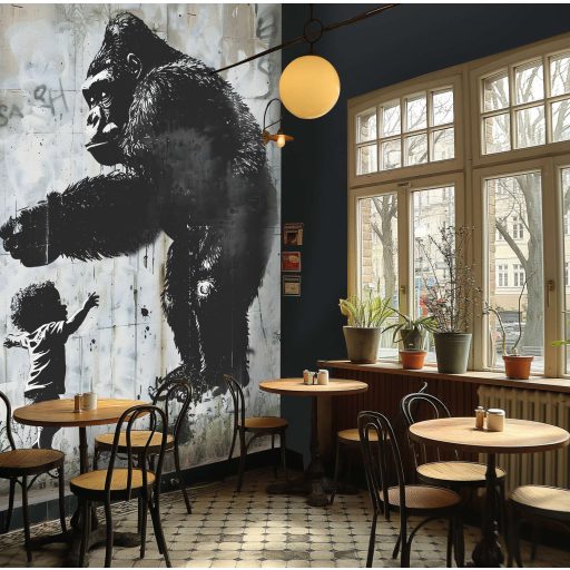 Óriás gorilla új élőhelyén beton háttéren szürke barna szürkéskék fekete és fehér tónus falpanel