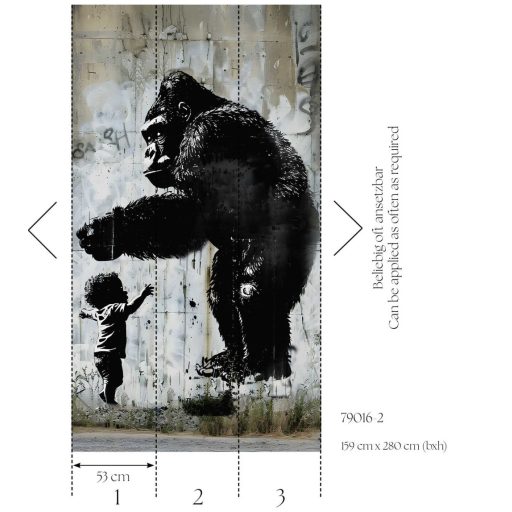 Óriás gorilla új élőhelyén beton háttéren szürke barna szürkéskék fekete és fehér tónus falpanel