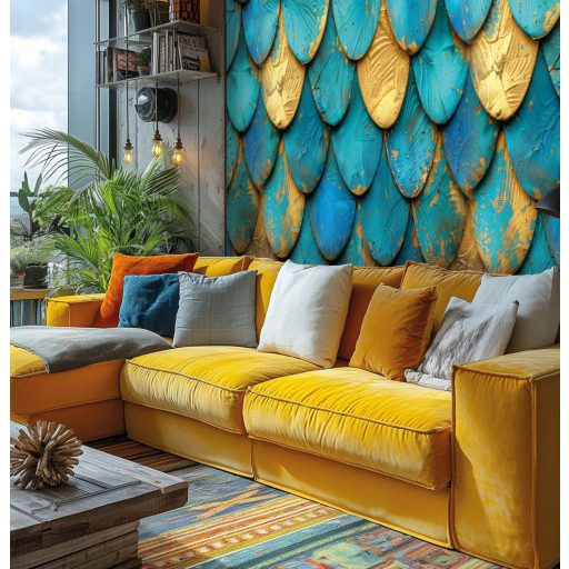Akár cserepek akár egymásra fedéssel helyezett szörfdeszkák bravúros kompozíciója kék aranysárga barna és türkiz tónus falpanel