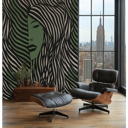 A grafikus portré ábrázolás gyöngyszeme! Hajzuhatag fél női arccal bézs zöld és fekete tónus falpanel